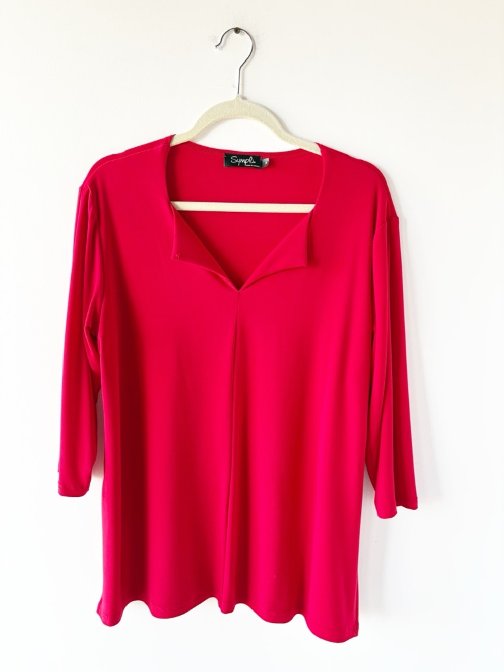Sympli Glow Top Red Tunic Pearl Detail Slit Neck Jersey Knit Capsule Staple 14
